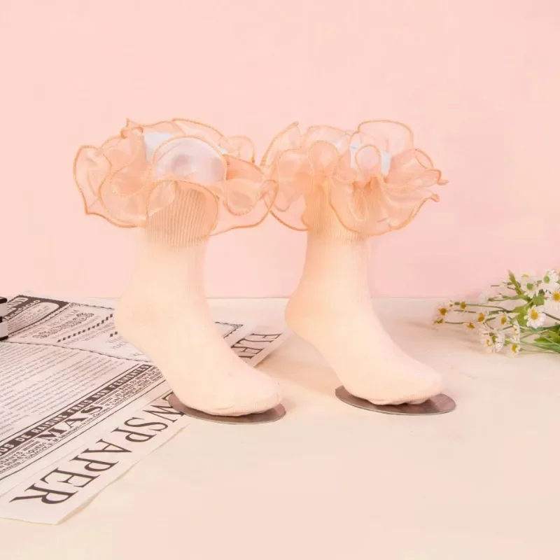 1 Pair Girls' Puffy Lace Socks Children's Combed Cotton Lace Lace Socks Baby Girl Skirt Accessories Solid Color Socks thumbnail 3