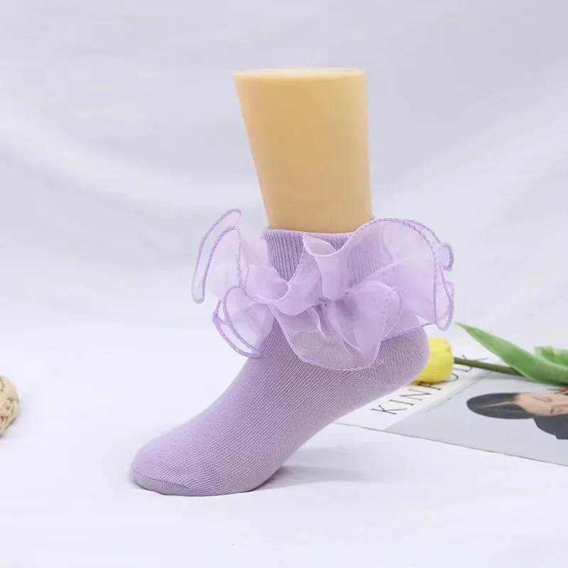 1 Pair Girls' Puffy Lace Socks Children's Combed Cotton Lace Lace Socks Baby Girl Skirt Accessories Solid Color Socks thumbnail 2