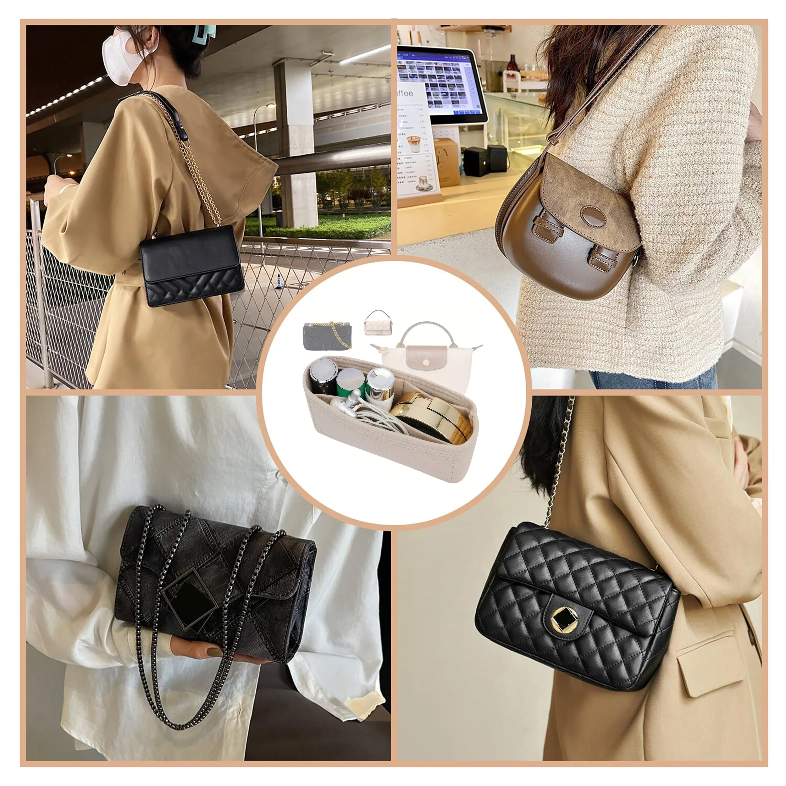 Portable Soft Felt Insert Bag Handbag Insert Bag Women's Travel Bag Insert Liner Brand Purse Organizer Pouch Makeup Organizers thumbnail 5