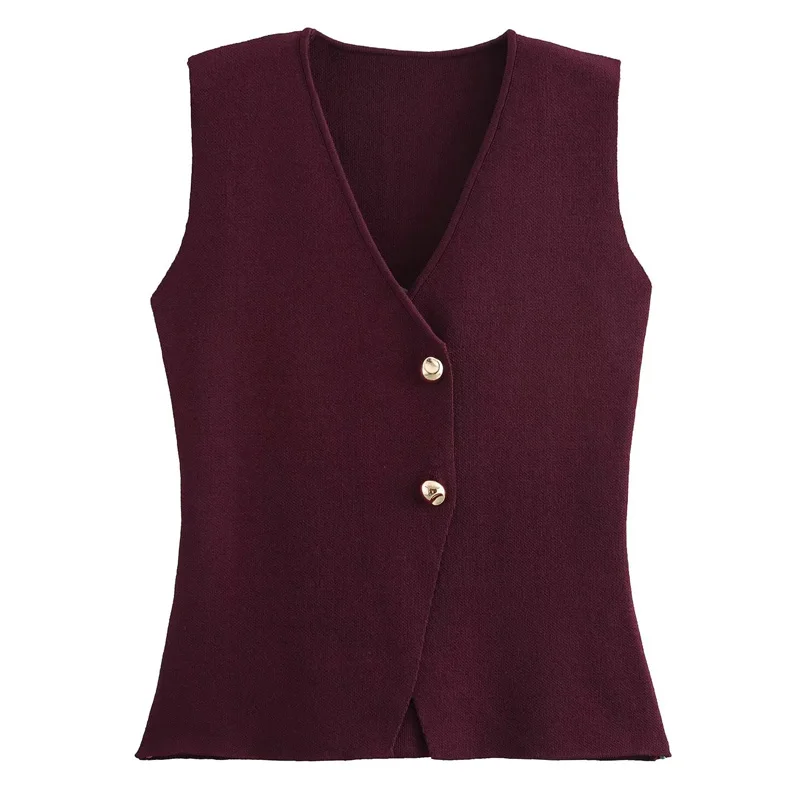 HXAO 2024 Woman Burgundy Knit Vest Women's Vest Fall Crop Sleeveless Waistcoat Bustier V Neck Sweaters New Knitwear Hot Cardigan thumbnail 2