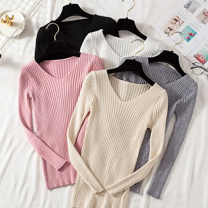 Autumn Winter Women Sweaters Casual Long Sleeve Knitted V Neck Pullover Sweater Femme Basic Solid Jersey Tops Fashion Clothes thumbnail 3