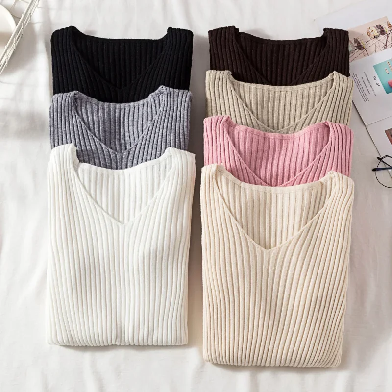 Autumn Winter Women Sweaters Casual Long Sleeve Knitted V Neck Pullover Sweater Femme Basic Solid Jersey Tops Fashion Clothes thumbnail 2