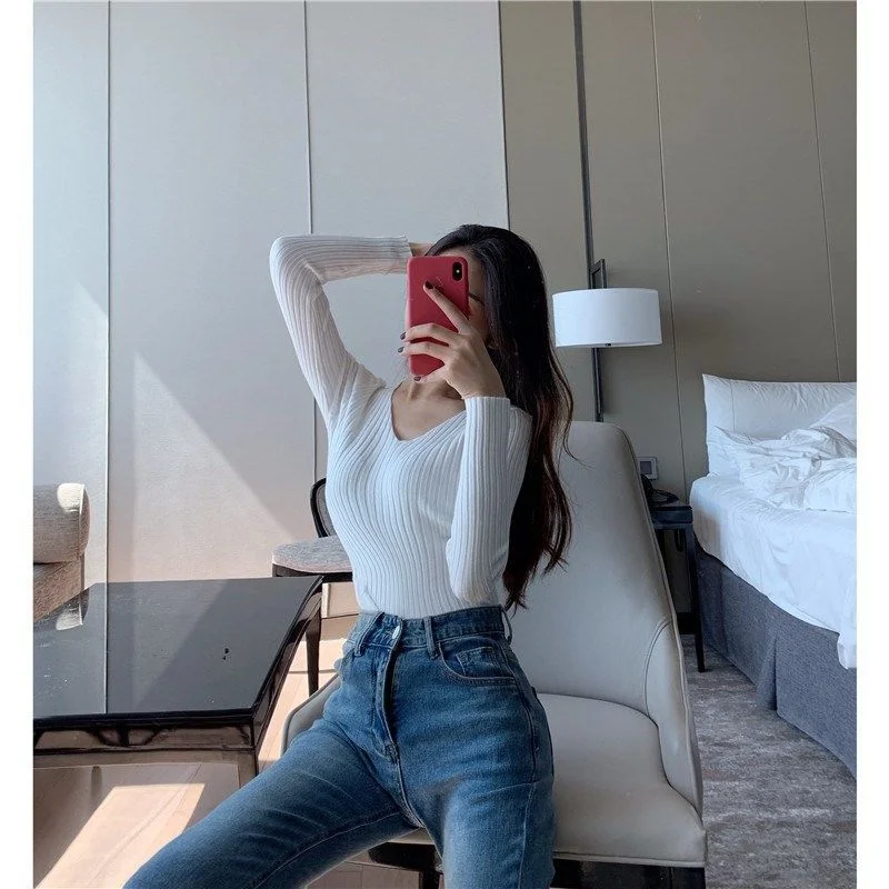 Autumn Winter Women Sweaters Casual Long Sleeve Knitted V Neck Pullover Sweater Femme Basic Solid Jersey Tops Fashion Clothes thumbnail 5