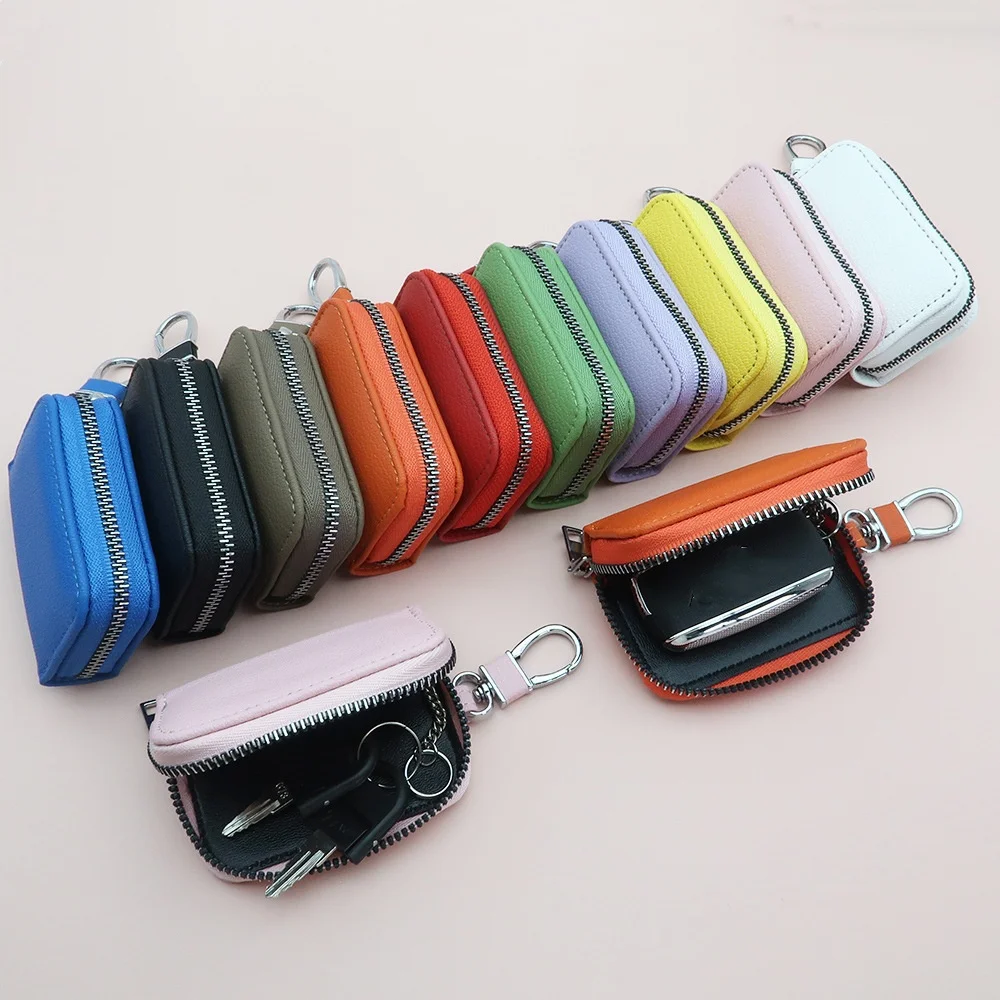 Men Key Holder Housekeeper Leather Car Key Wallets Keys Organizer Women Keychain Covers Zipper Key Case Bag Unisex Pouch Purse