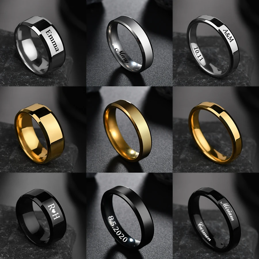 Treebud 4mm 6mm 8mm Custom Names Rings for Women Men Stainless Steel Personalized Text Logo Date Simple Ring Jewelry Gifts