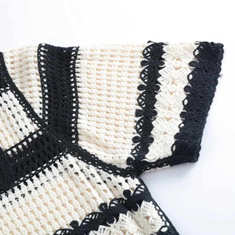 Striped Crochet Vest Top Collared Button-up Short Sleeve Sheer Crop Knit Top Cardigan Women Teengirl Fairycore Vintage Outfit thumbnail 4