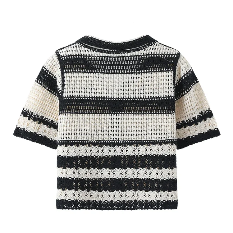 Striped Crochet Vest Top Collared Button-up Short Sleeve Sheer Crop Knit Top Cardigan Women Teengirl Fairycore Vintage Outfit thumbnail 2