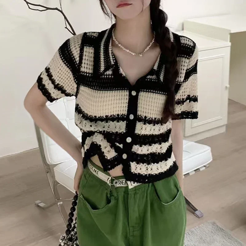 Striped Crochet Vest Top Collared Button-up Short Sleeve Sheer Crop Knit Top Cardigan Women Teengirl Fairycore Vintage Outfit thumbnail 5