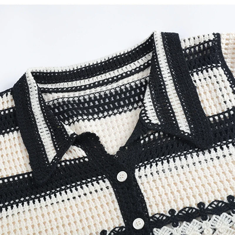 Striped Crochet Vest Top Collared Button-up Short Sleeve Sheer Crop Knit Top Cardigan Women Teengirl Fairycore Vintage Outfit thumbnail 3