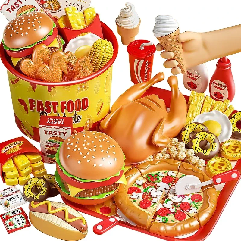Kid Kitchen Toy Set Simulation Make Hamburger Pizza Fries Pretend Play Food Cooking Cutting Game Montessori Interactive Toy Gift thumbnail 2