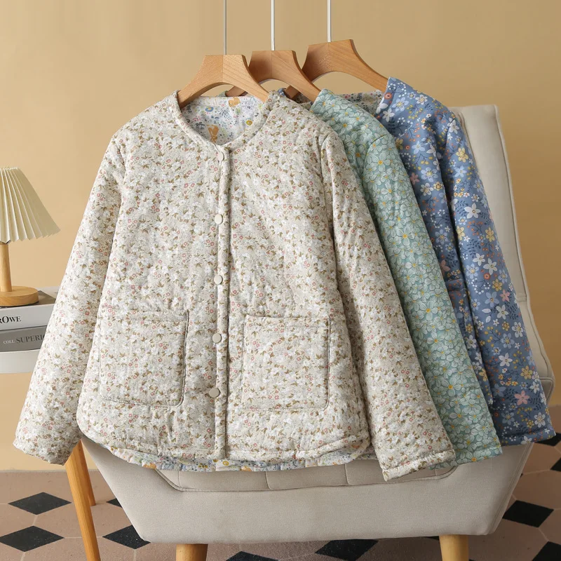 Fashion Plus Size Women Parka Autumn New Loose Thin Double Cotton Floral Printing Soft Skin Warm cotton-padded Coat 8278 thumbnail 3