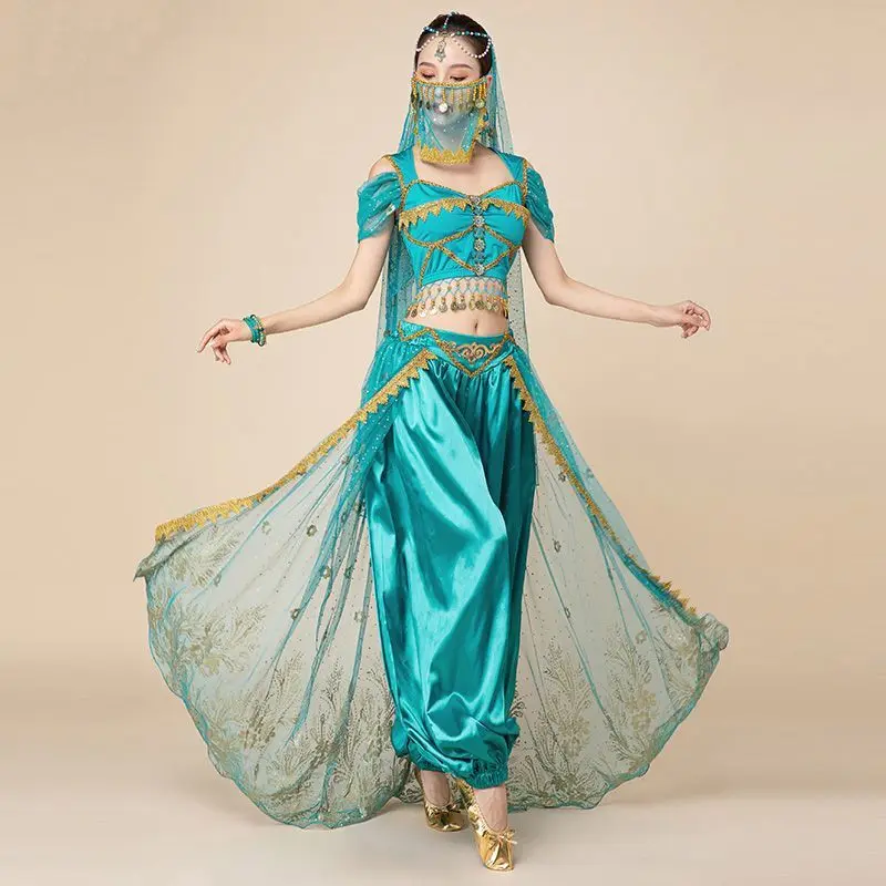 Aladdin Jasmine Princess Belly Dance Practice Costume Party Fancy Outfit Performance Style Suit for Women Halloween Costume