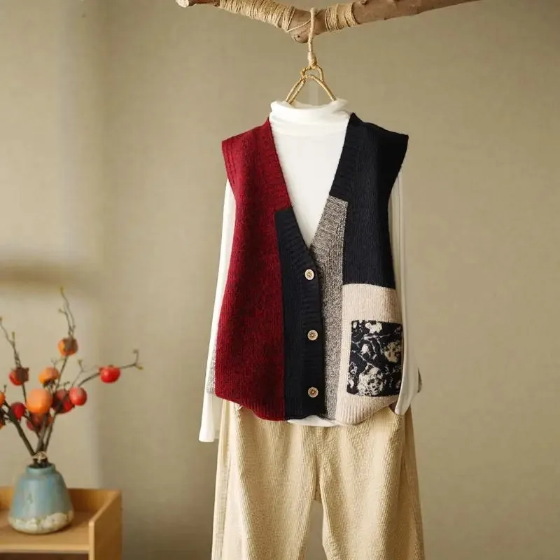 Spring and Autumn loose design vest, vest, women's outerwear, camisole, retro knit vest, cardigan, woolen sweater thumbnail 5