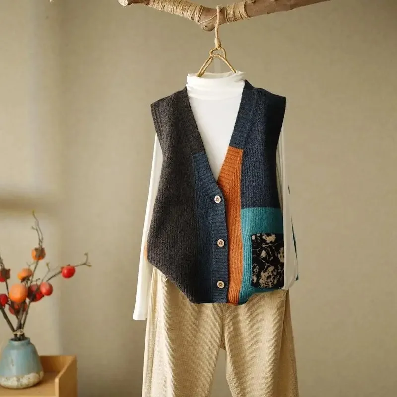 Spring and Autumn loose design vest, vest, women's outerwear, camisole, retro knit vest, cardigan, woolen sweater thumbnail 6