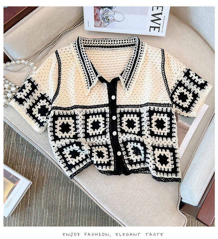 Floral Crochet Vest Top Collared Button-up Short Sleeve Sheer Crop Knit Top Cardigan for Women Teengirl Fairycore Vintage Outfit thumbnail 4