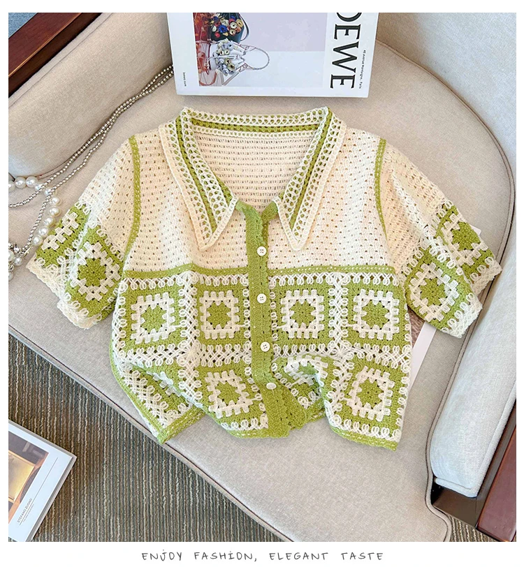 Floral Crochet Vest Top Collared Button-up Short Sleeve Sheer Crop Knit Top Cardigan for Women Teengirl Fairycore Vintage Outfit thumbnail 3