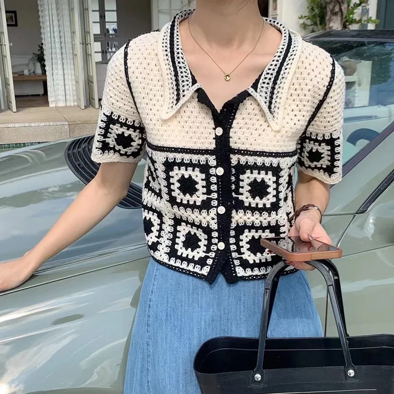 Floral Crochet Vest Top Collared Button-up Short Sleeve Sheer Crop Knit Top Cardigan for Women Teengirl Fairycore Vintage Outfit thumbnail 2