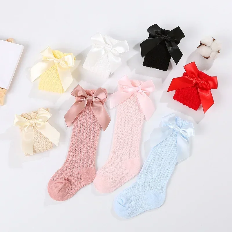 Baby Girl Socks Summer Fall Toddlers Bow Long Sock Kids Knee High Soft Cotton Mesh Bow Decorative Lace Stocking 0-3Year