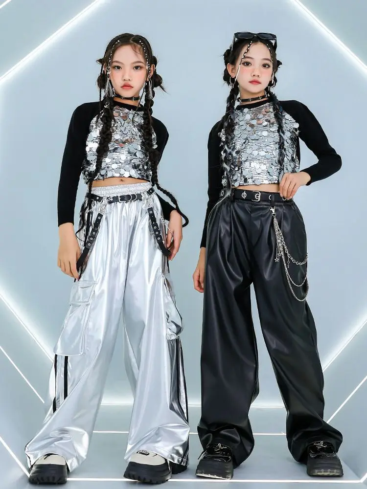 Girls Streetwear Hip Hop Jazz Sequined T-shirt Leather Pant Set Children Fashion Show Tshirt Baggy Pant Kids Costume thumbnail 2