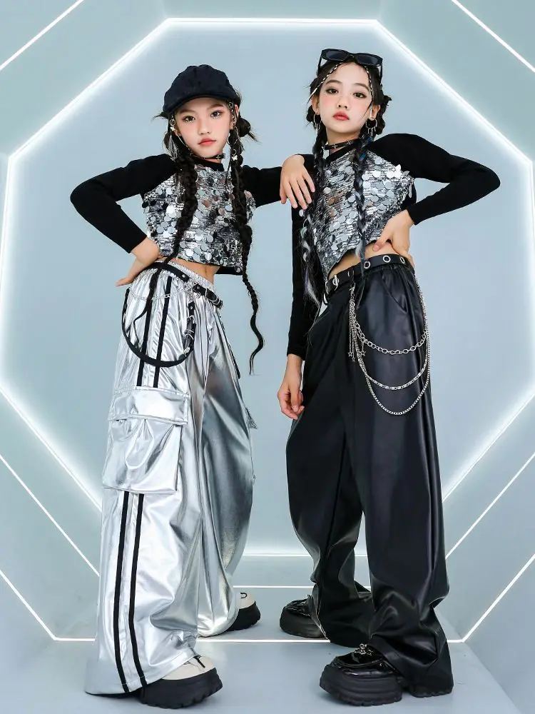 Girls Streetwear Hip Hop Jazz Sequined T-shirt Leather Pant Set Children Fashion Show Tshirt Baggy Pant Kids Costume thumbnail 4