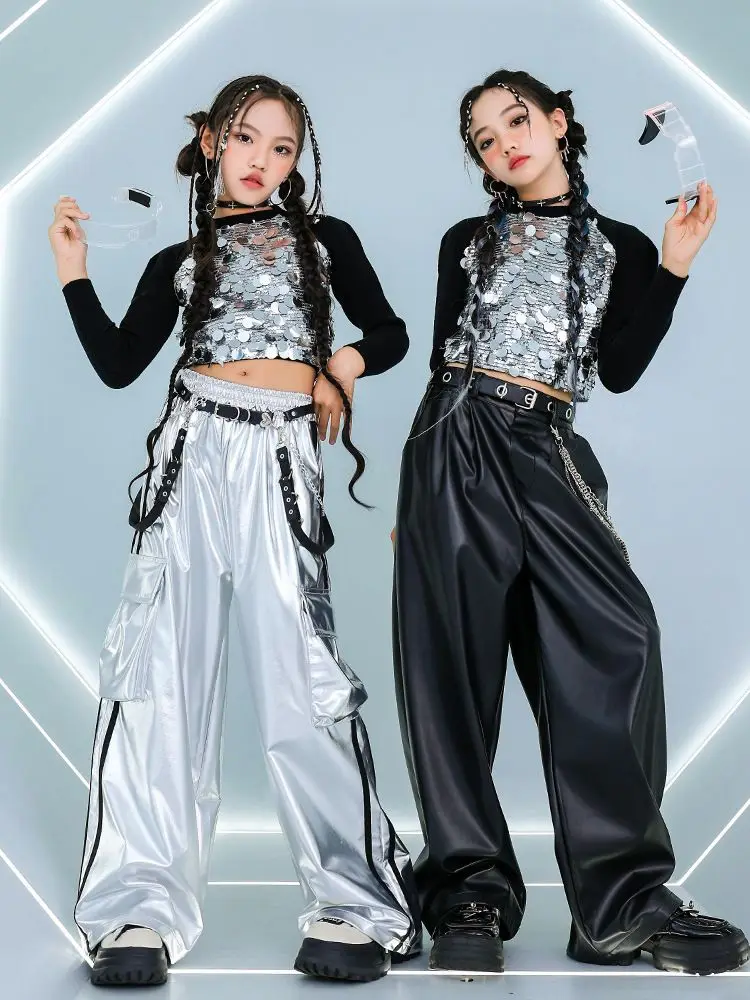 Girls Streetwear Hip Hop Jazz Sequined T-shirt Leather Pant Set Children Fashion Show Tshirt Baggy Pant Kids Costume thumbnail 3