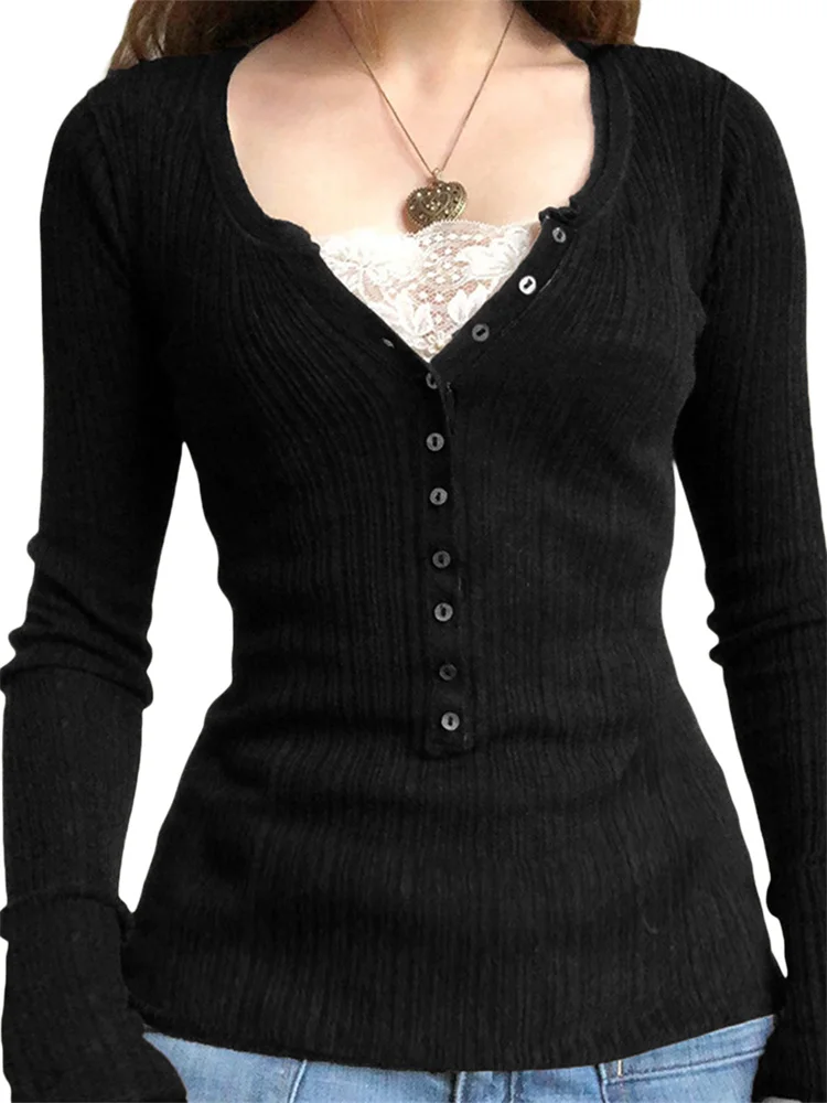 Women Button Front Knit Tops Long Sleeve Lace Patchwork Slim Fit Sweater Fall Fairy Grunge Gothic Y2K Clothes thumbnail 3