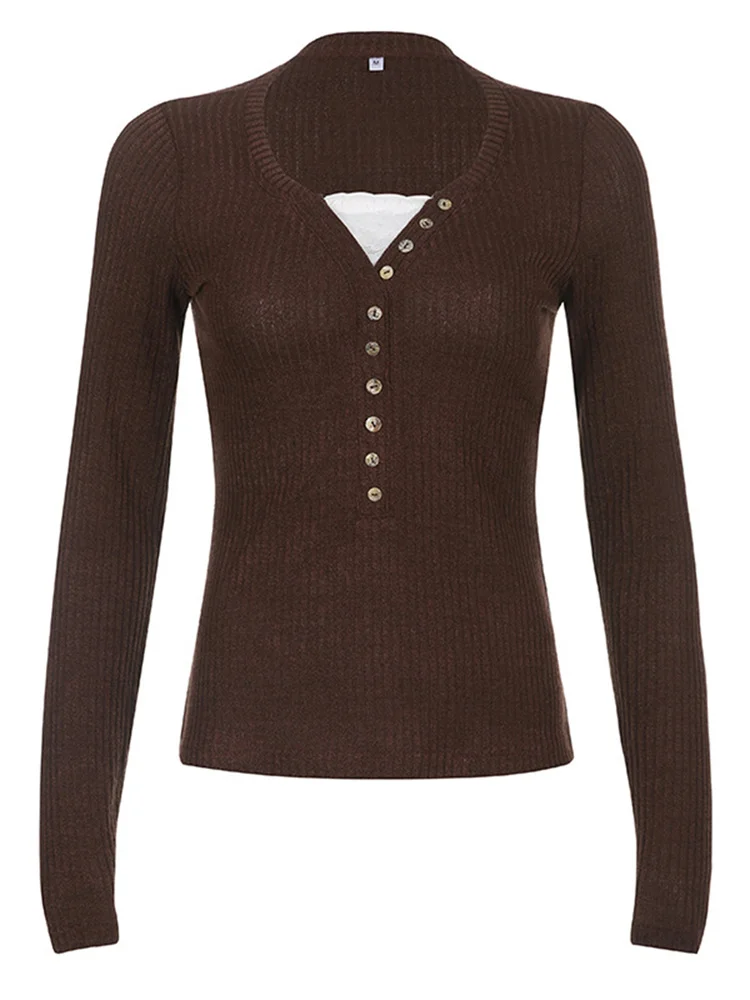 Women Button Front Knit Tops Long Sleeve Lace Patchwork Slim Fit Sweater Fall Fairy Grunge Gothic Y2K Clothes thumbnail 4