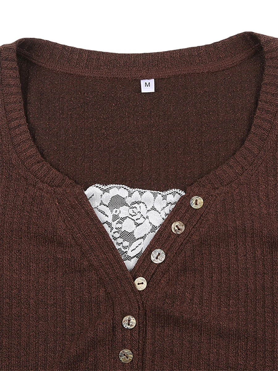 Women Button Front Knit Tops Long Sleeve Lace Patchwork Slim Fit Sweater Fall Fairy Grunge Gothic Y2K Clothes thumbnail 6
