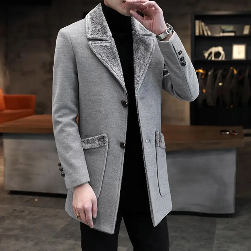 Men Woolen Coat Plush Fur Collar Medium Length Single-breasted Men Trench Coat Autumn Winter Wool Coat Thick Warm Men Overcoat thumbnail 2