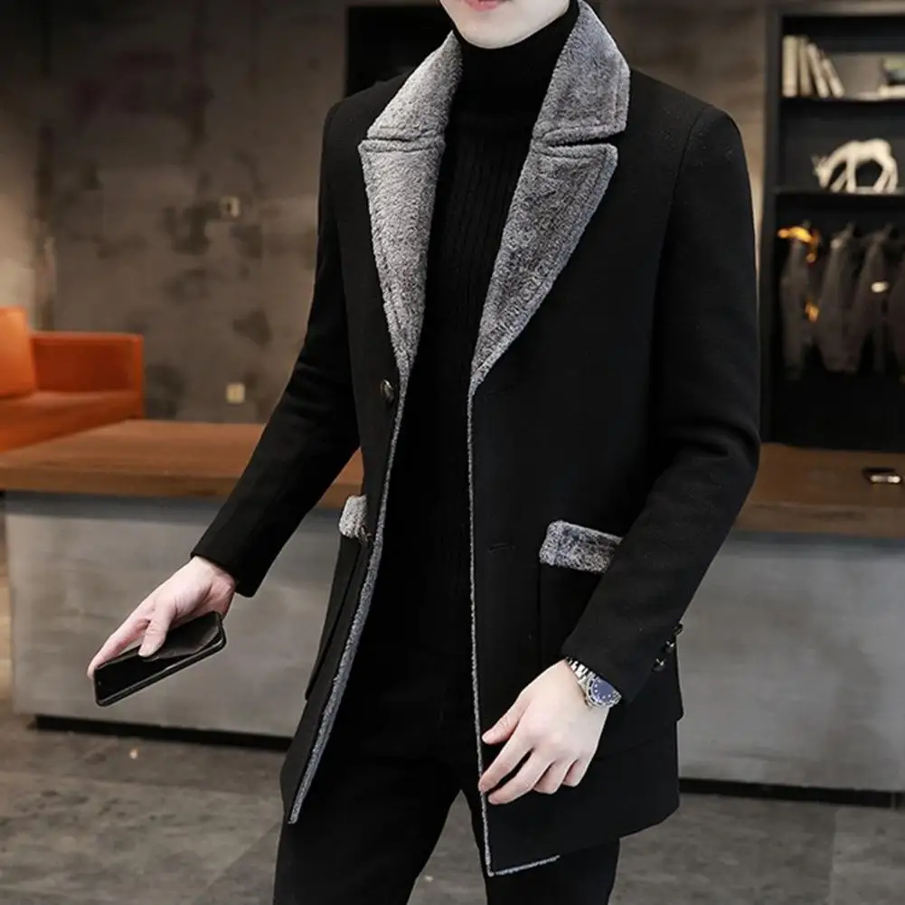 Men Woolen Coat Plush Fur Collar Medium Length Single-breasted Men Trench Coat Autumn Winter Wool Coat Thick Warm Men Overcoat thumbnail 4