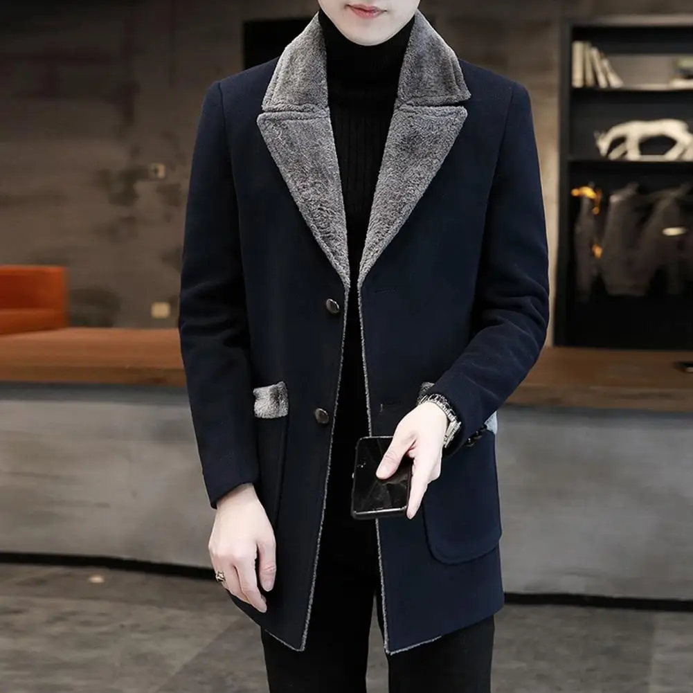 Men Woolen Coat Plush Fur Collar Medium Length Single-breasted Men Trench Coat Autumn Winter Wool Coat Thick Warm Men Overcoat thumbnail 5