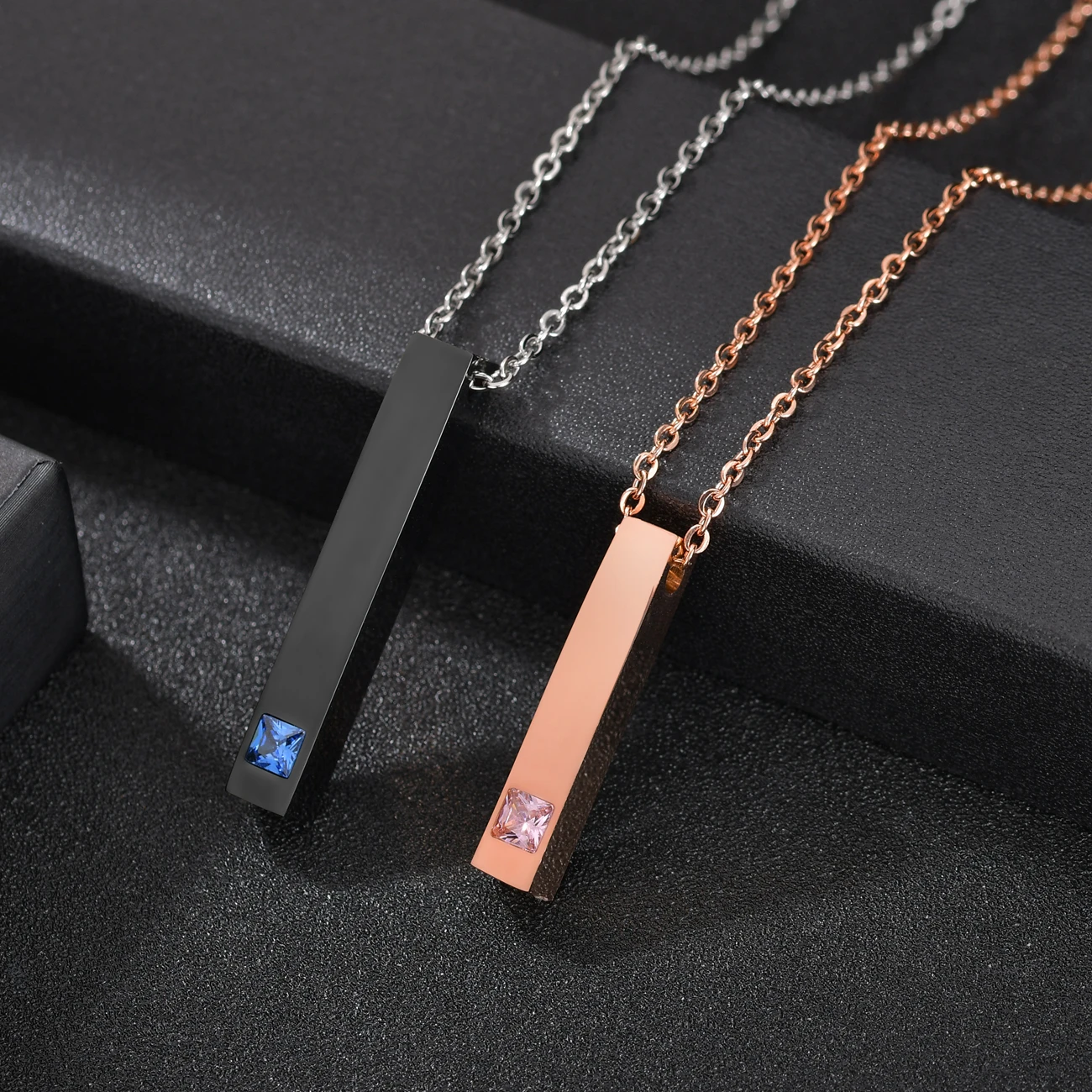 Personalized 4 Sides Engraving Square Bar Pendant Custom Name Date Stainless Steel Necklace Women Men Jewelry Gifts Wholesale thumbnail 2