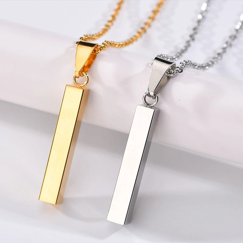 Personalized 4 Sides Engraving Square Bar Pendant Custom Name Date Stainless Steel Necklace Women Men Jewelry Gifts Wholesale thumbnail 3