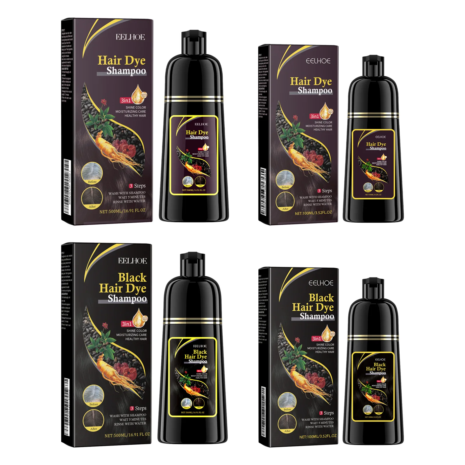EELHOE Black Hair Dye Shampoo 3 in 1 Growth Clean Hair Darkening Deep Nourishing Black Hair Dye Shampoo Natural Organic Herbal thumbnail 2