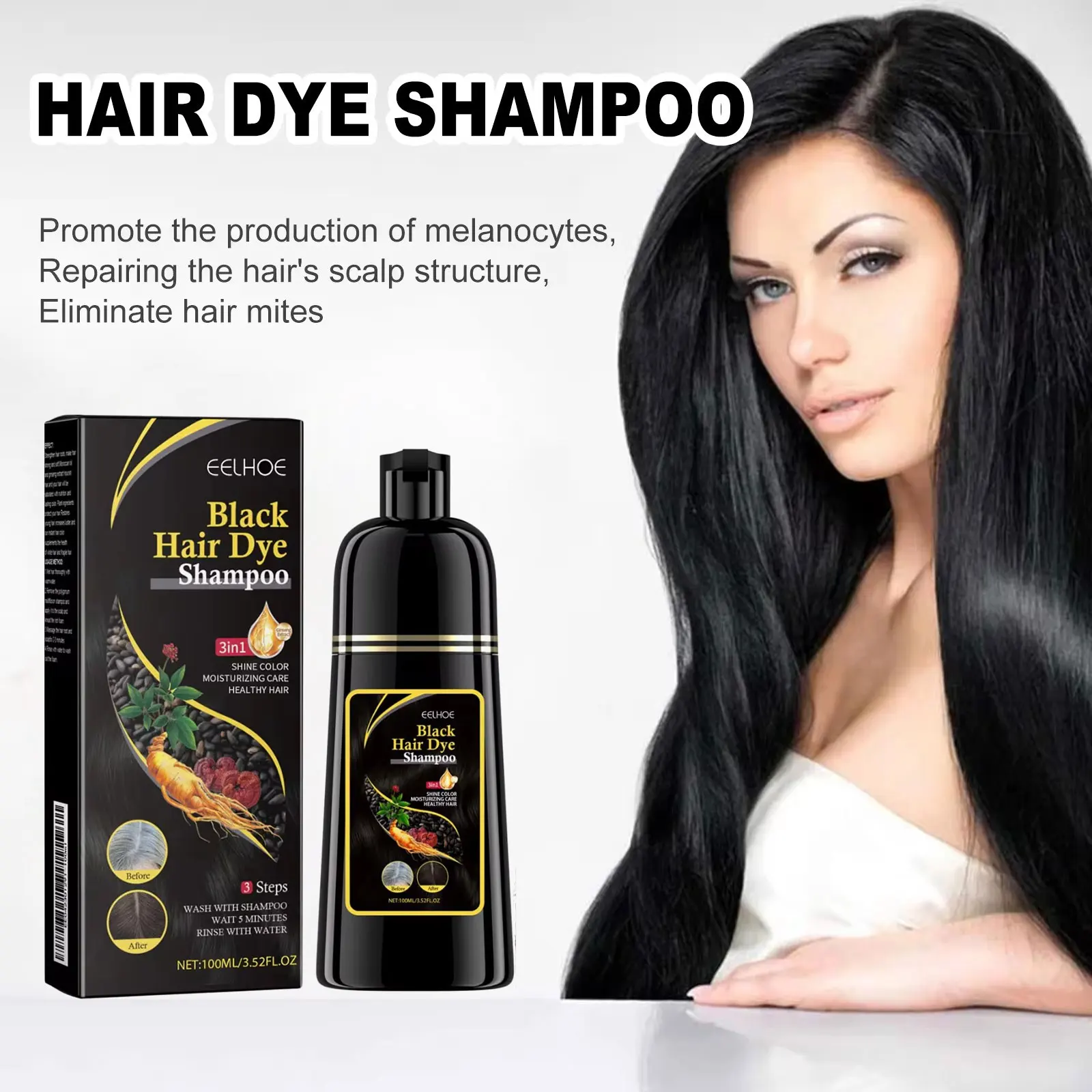 EELHOE Black Hair Dye Shampoo 3 in 1 Growth Clean Hair Darkening Deep Nourishing Black Hair Dye Shampoo Natural Organic Herbal thumbnail 4