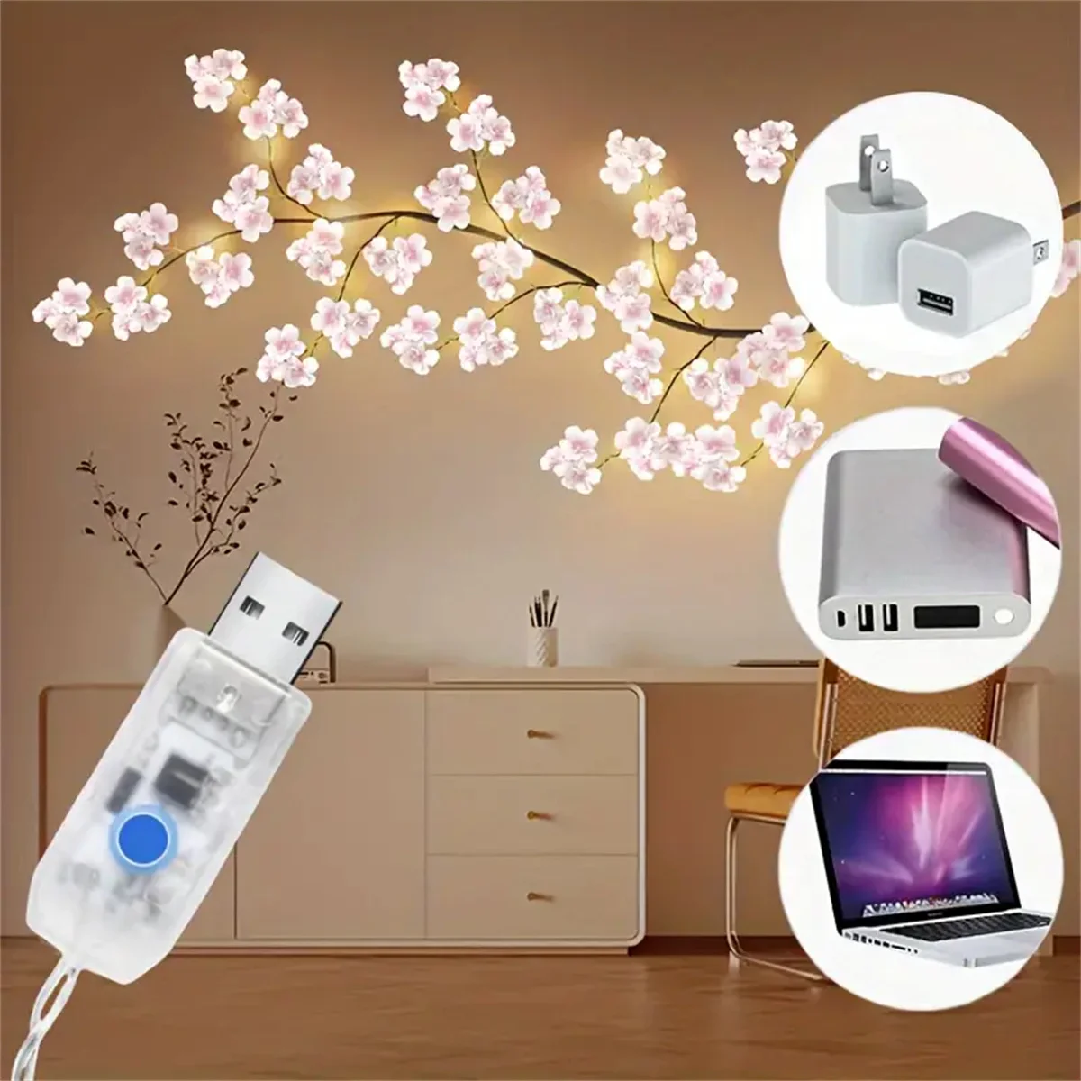 Cherry Blossom 96 Led USB Tree Branch Rattan Lights 8 Modes Colorful String Lamp Valentine Christmas Wedding Bedroom Decoration thumbnail 5