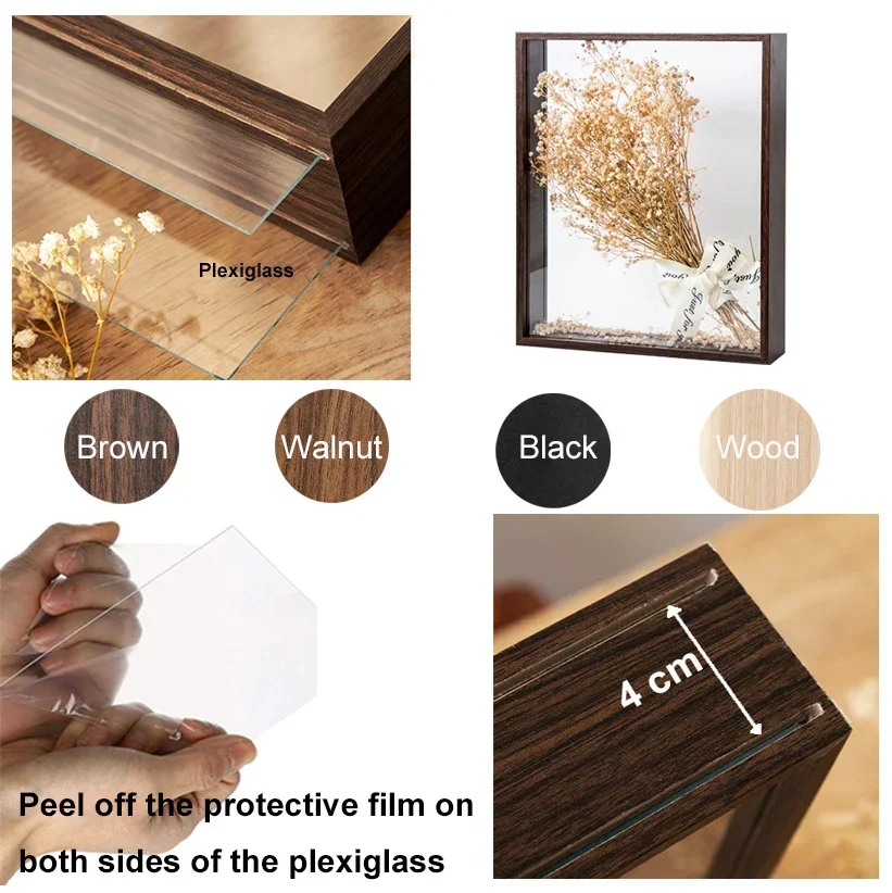 Deep Transparent Shadow Box Frames Bouquet Display Flower Case Deep for Crafts 3D Picture Memorabilia Memory Wooden Tabletop thumbnail 5