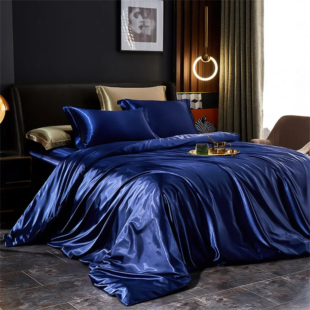 Solid Silk Bedding Set with Duvet Cover Bed Sheet Pillowcases Luxury Satin Single Double Bedsheet King Queen Twin Size thumbnail 6