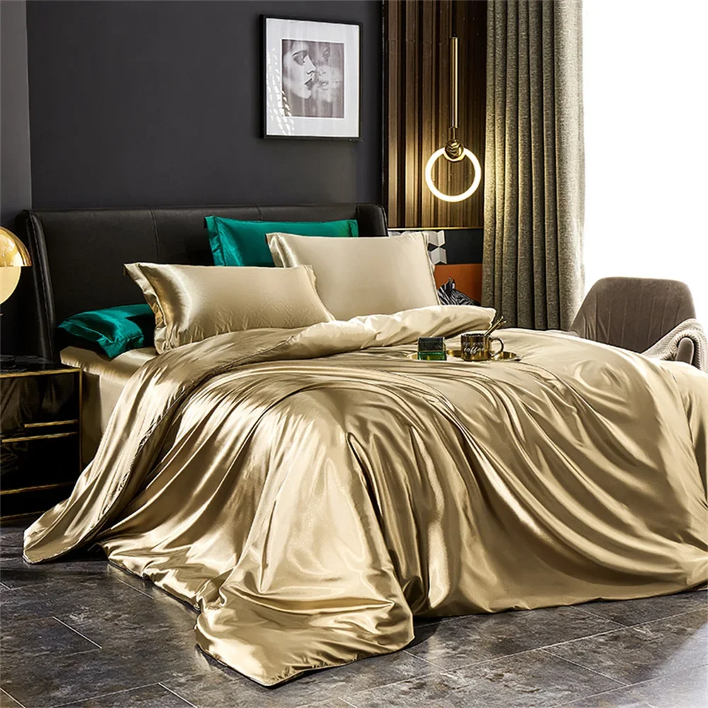 Solid Silk Bedding Set with Duvet Cover Bed Sheet Pillowcases Luxury Satin Single Double Bedsheet King Queen Twin Size thumbnail 3