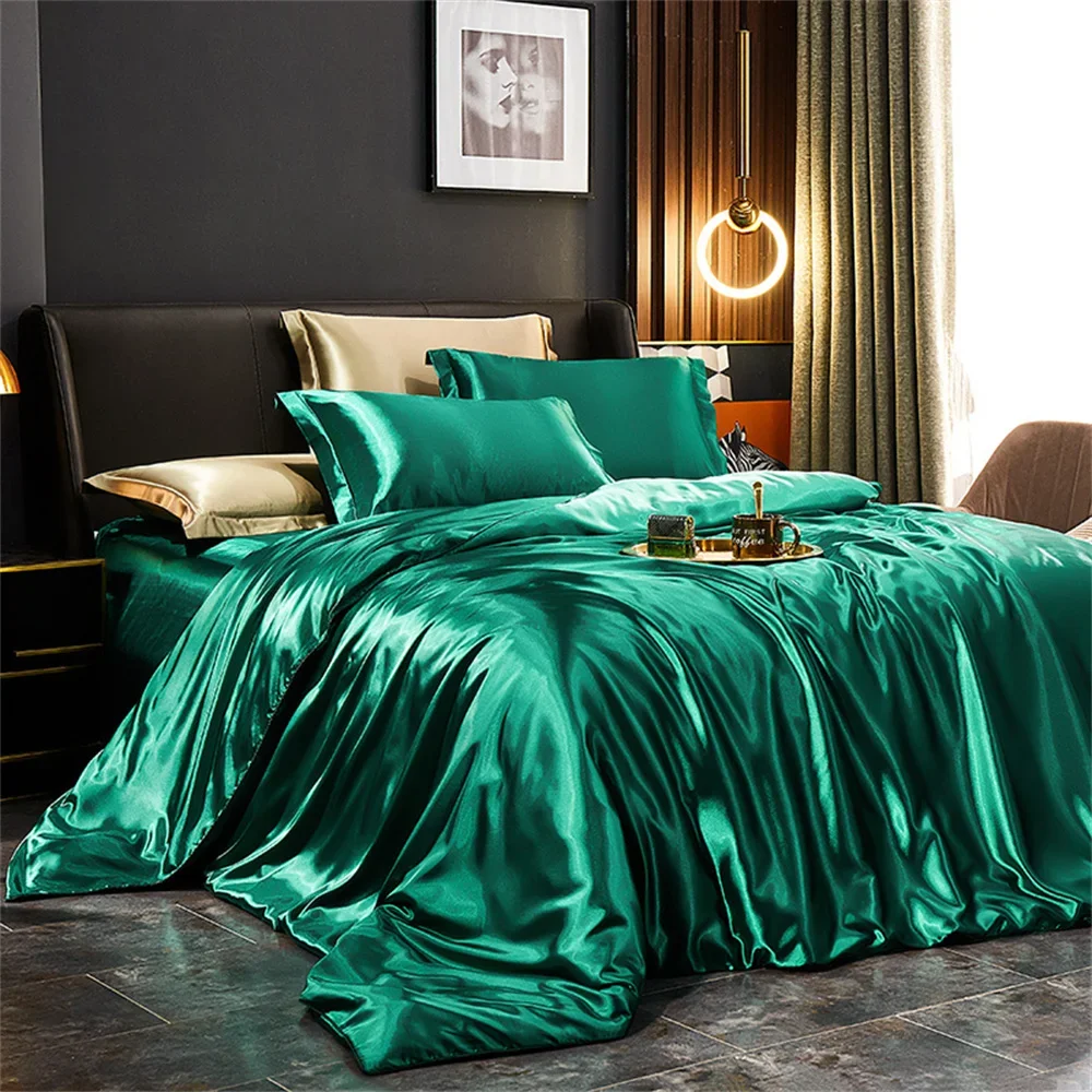Solid Silk Bedding Set with Duvet Cover Bed Sheet Pillowcases Luxury Satin Single Double Bedsheet King Queen Twin Size thumbnail 4