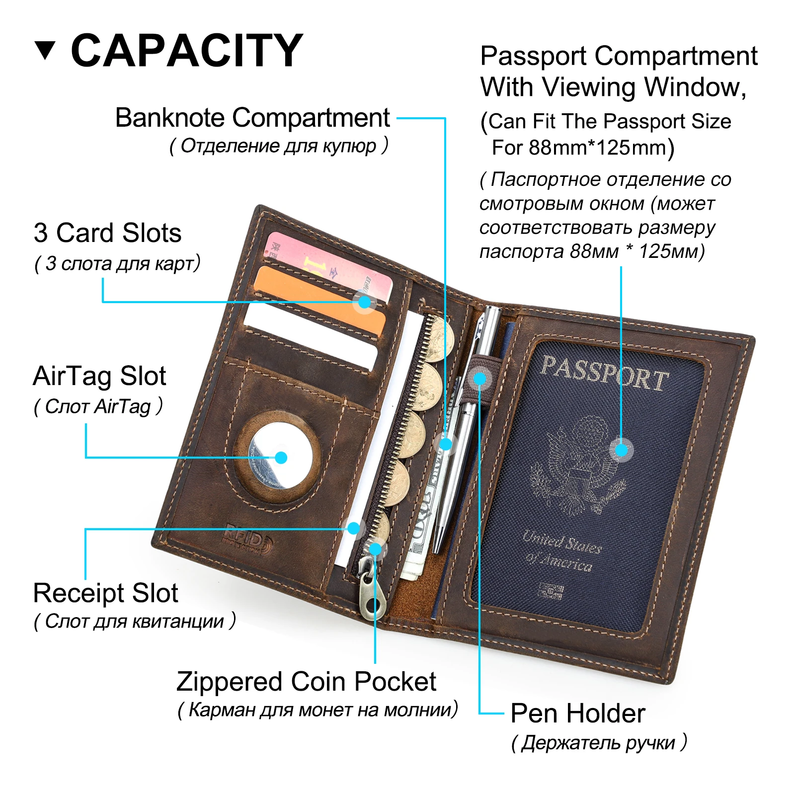CONTACT'S Genuine Leather Passport Wallet Card Holder Coin Purse AirTag Slot Men Travel Wallet Women‘s Purse Passport Cover Bag thumbnail 5