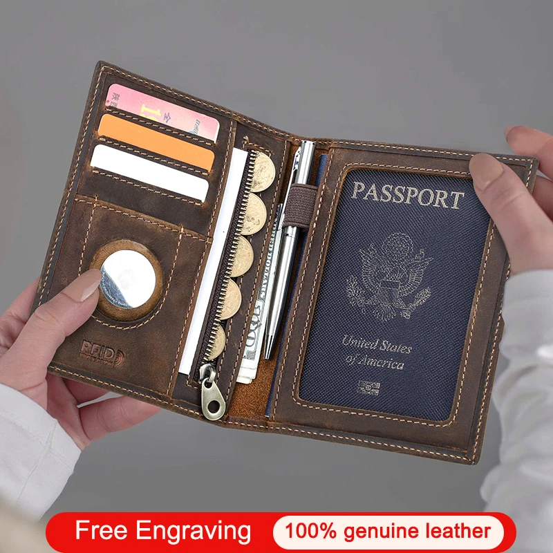CONTACT'S Genuine Leather Passport Wallet Card Holder Coin Purse AirTag Slot Men Travel Wallet Women‘s Purse Passport Cover Bag thumbnail 2