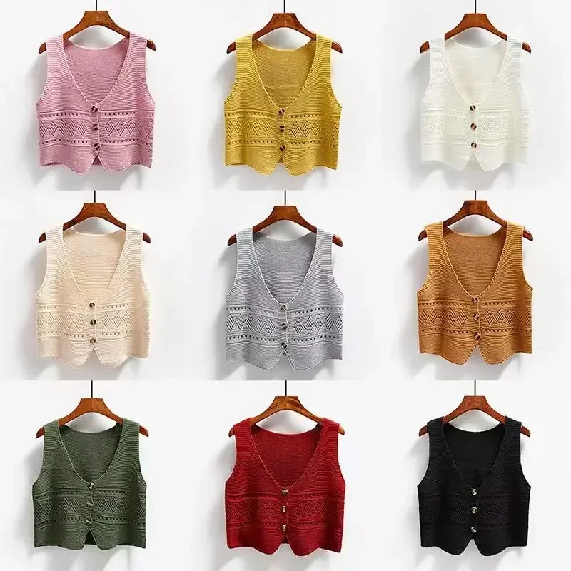 New In Spring Autumn V Neck Single Breasted Sweater Vest Women Sleeveless Casual Loose Knitted Cardigans Female Short Knitwear thumbnail 6