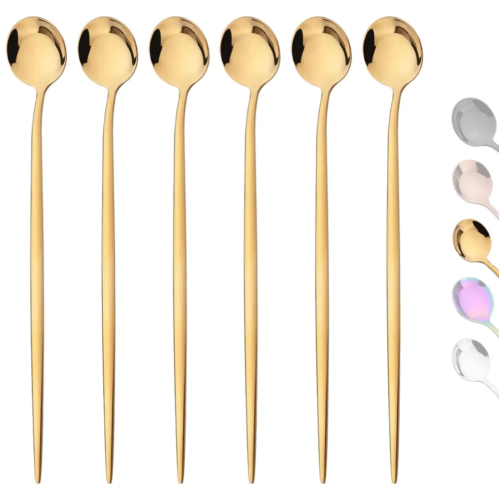 6Pcs Long Handle Ice Spoon Coffee Tea Stir Spoon Stainless Steel Gold Cutlery Set Dinnerware Kitchen Dinner Flatware Set