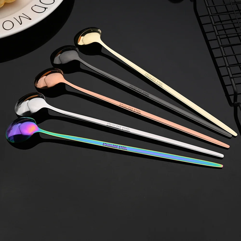 6Pcs Long Handle Ice Spoon Coffee Tea Stir Spoon Stainless Steel Gold Cutlery Set Dinnerware Kitchen Dinner Flatware Set thumbnail 6