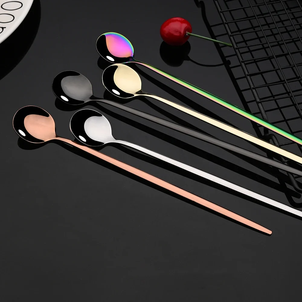 6Pcs Long Handle Ice Spoon Coffee Tea Stir Spoon Stainless Steel Gold Cutlery Set Dinnerware Kitchen Dinner Flatware Set thumbnail 5