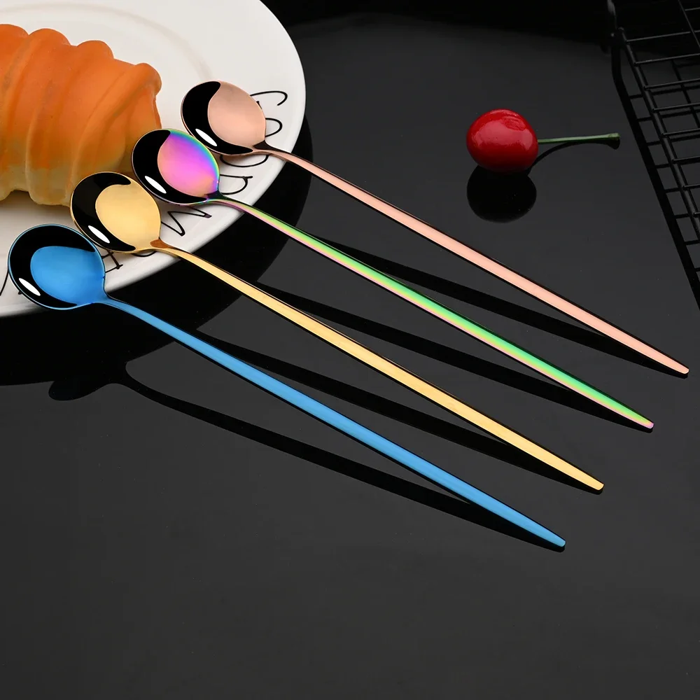 6Pcs Long Handle Ice Spoon Coffee Tea Stir Spoon Stainless Steel Gold Cutlery Set Dinnerware Kitchen Dinner Flatware Set thumbnail 4
