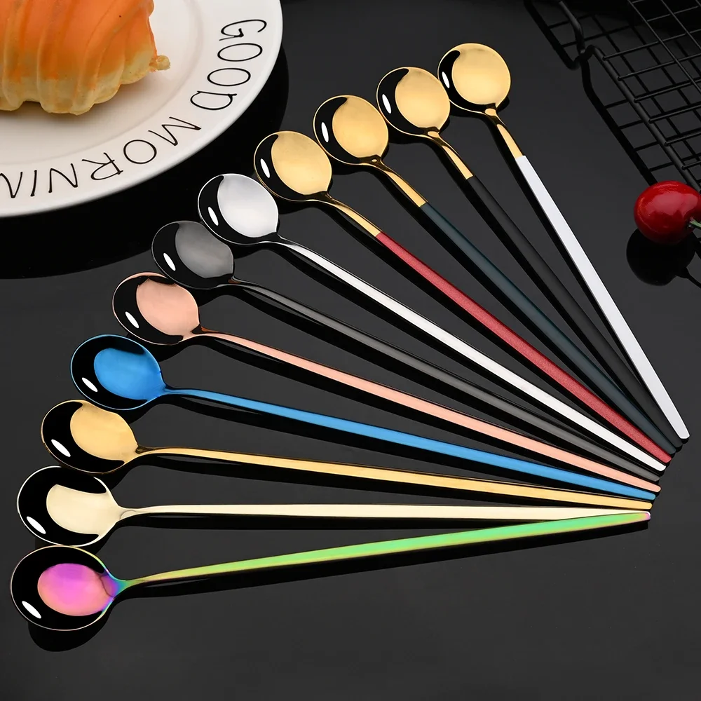6Pcs Long Handle Ice Spoon Coffee Tea Stir Spoon Stainless Steel Gold Cutlery Set Dinnerware Kitchen Dinner Flatware Set thumbnail 2