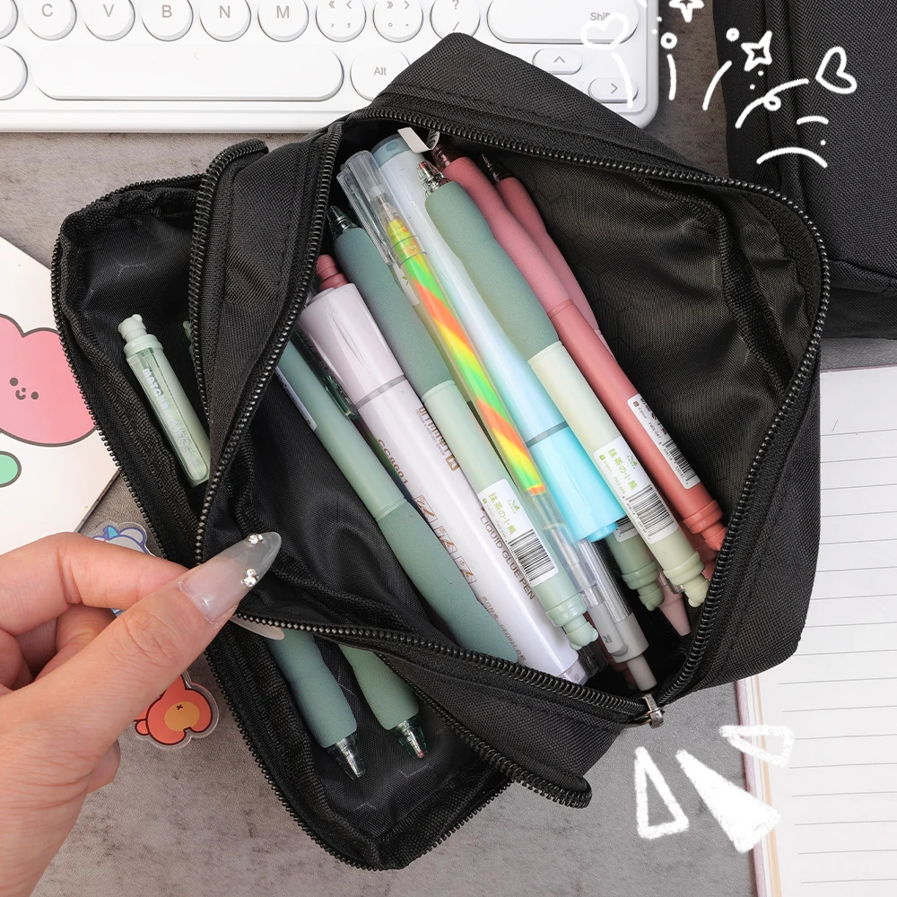 Large Capacity Black Simple Pencil Case Marker Pen Refillls Eraser Stationery Storage Pouch Bag School Office Organizer thumbnail 2