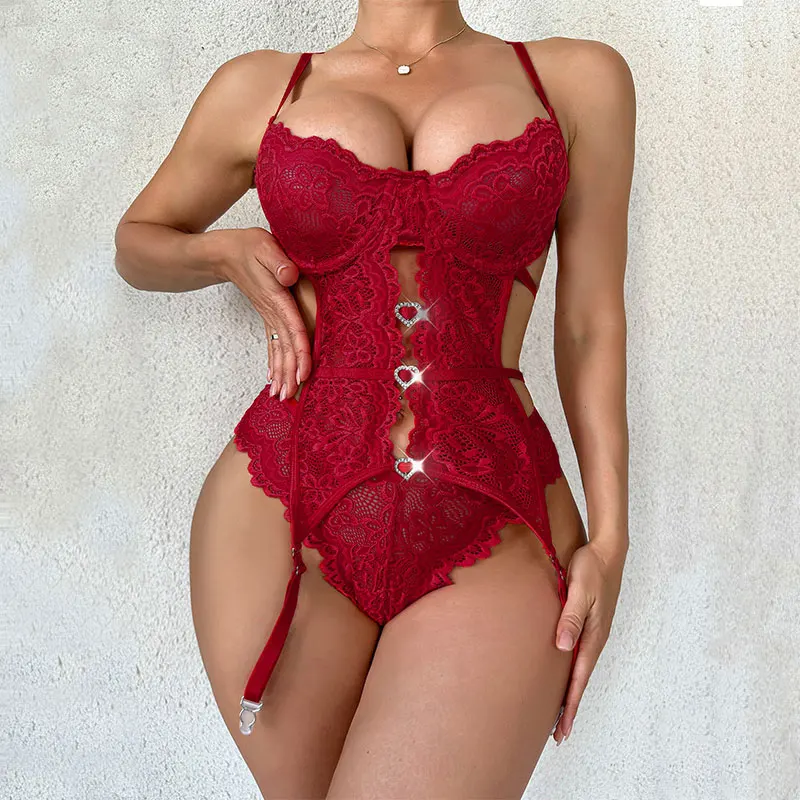 Garter Belt Lingerie Set Lace Bodysuit Deep V Bra Thong Sets With Stockings Sexy Underwear  3 Pcs Bras Panties BodyStockings thumbnail 2